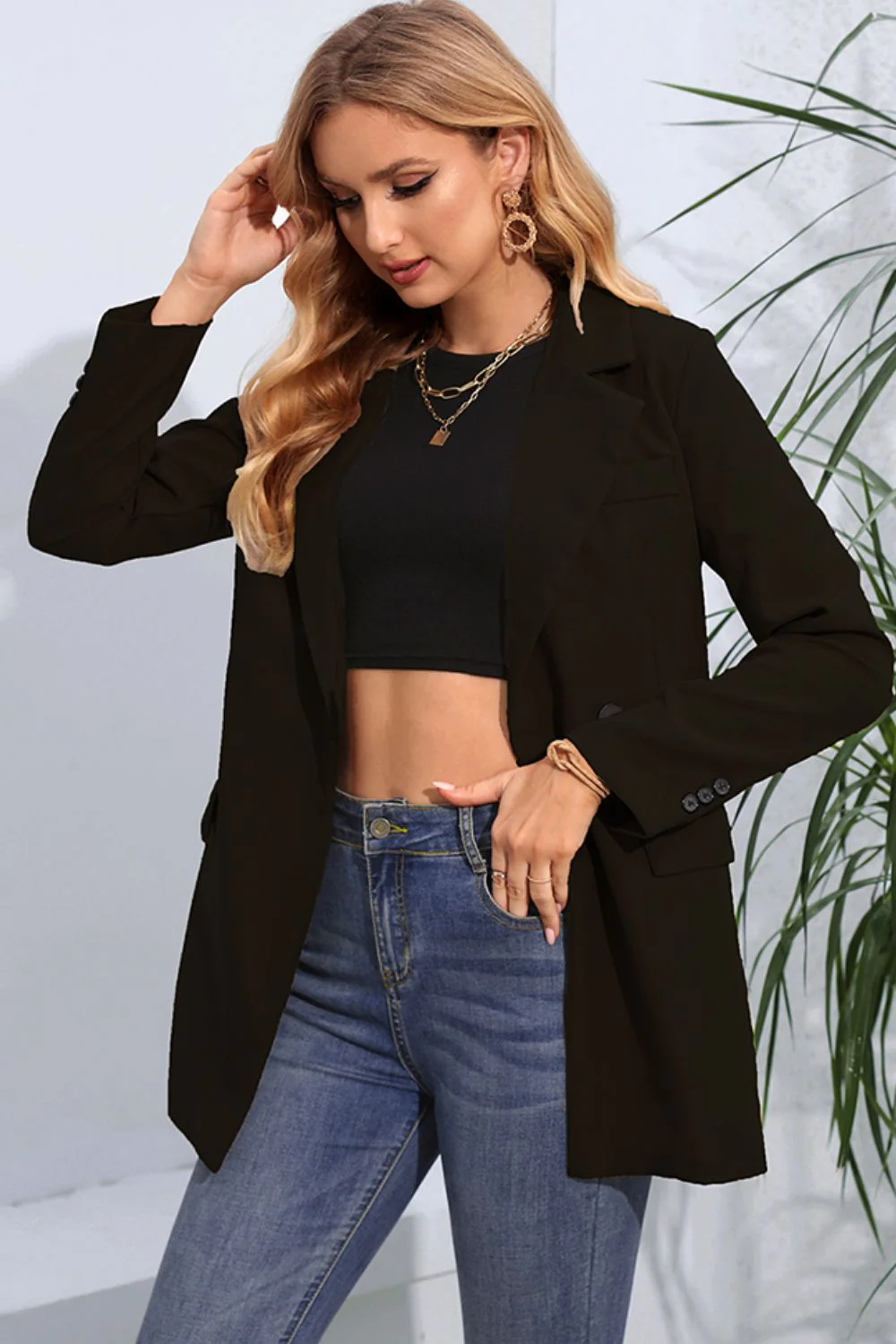 Lapel Neck Long Sleeve Blazer with Pockets - Image 7