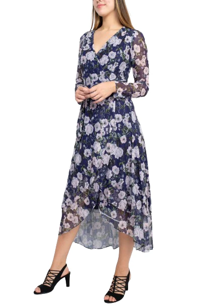 Laundry V-Neck Long Sleeve Tie Waist Floral Print Tiered Power Mesh Dress by Curated Brands - Image 2
