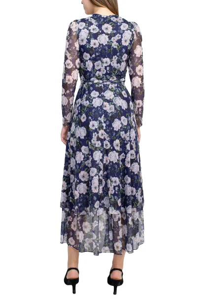 Laundry V-Neck Long Sleeve Tie Waist Floral Print Tiered Power Mesh Dress by Curated Brands - Image 3