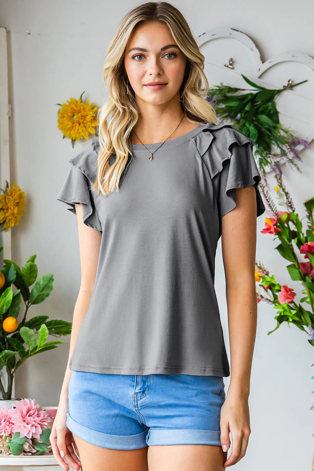 Layered Flutter Sleeve Round Neck Top - Image 5