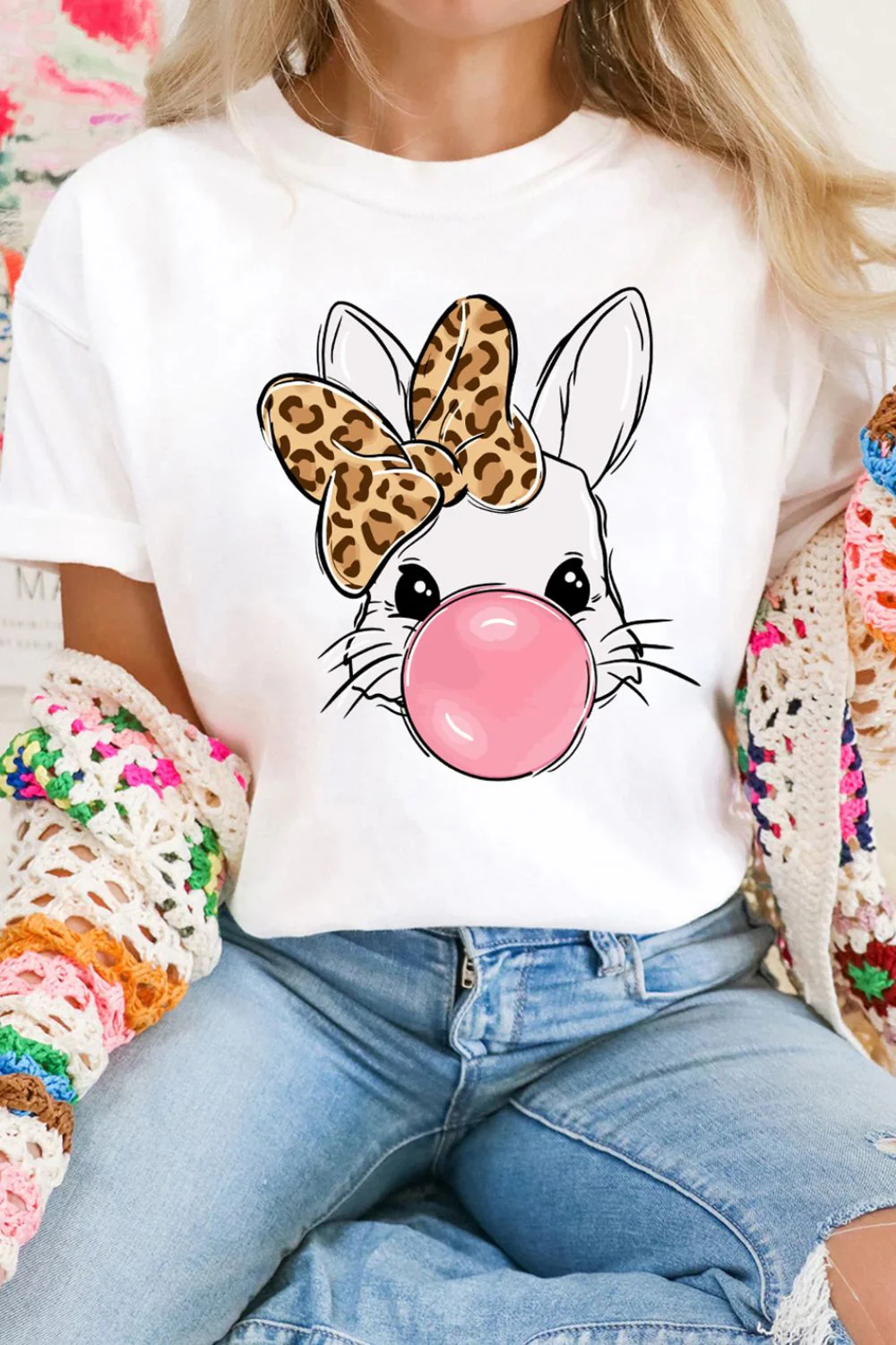 Leopard Bow Rabbit Graphic Round Neck Short Sleeve T-Shirt - Image 2