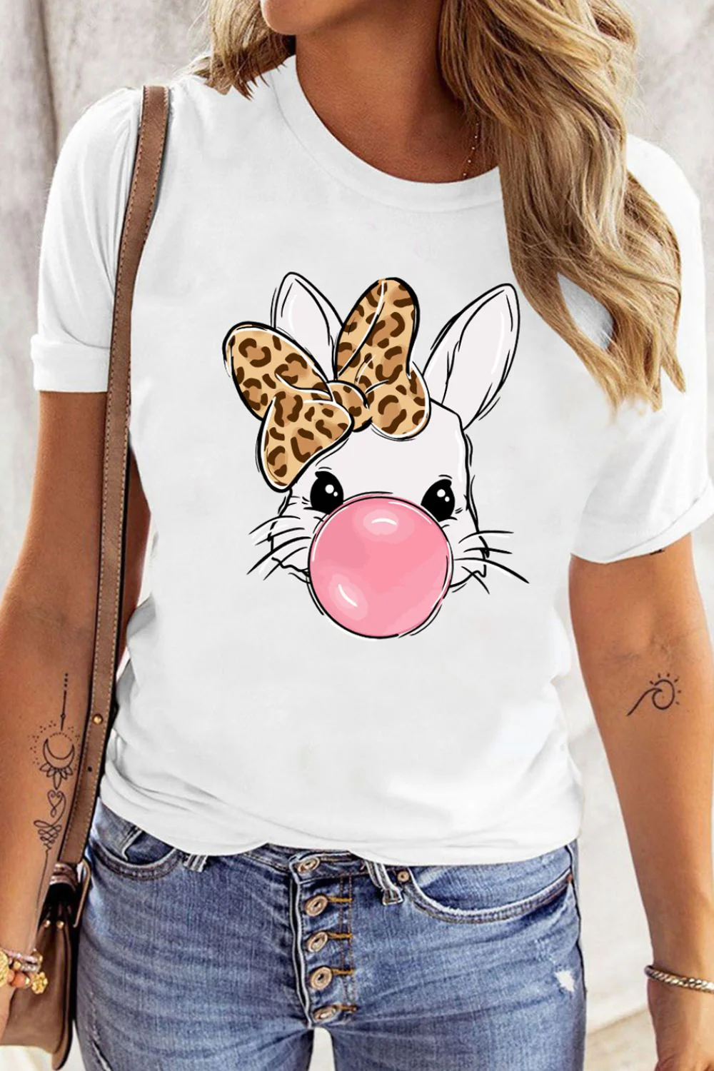 Leopard Bow Rabbit Graphic Round Neck Short Sleeve T-Shirt - Image 3