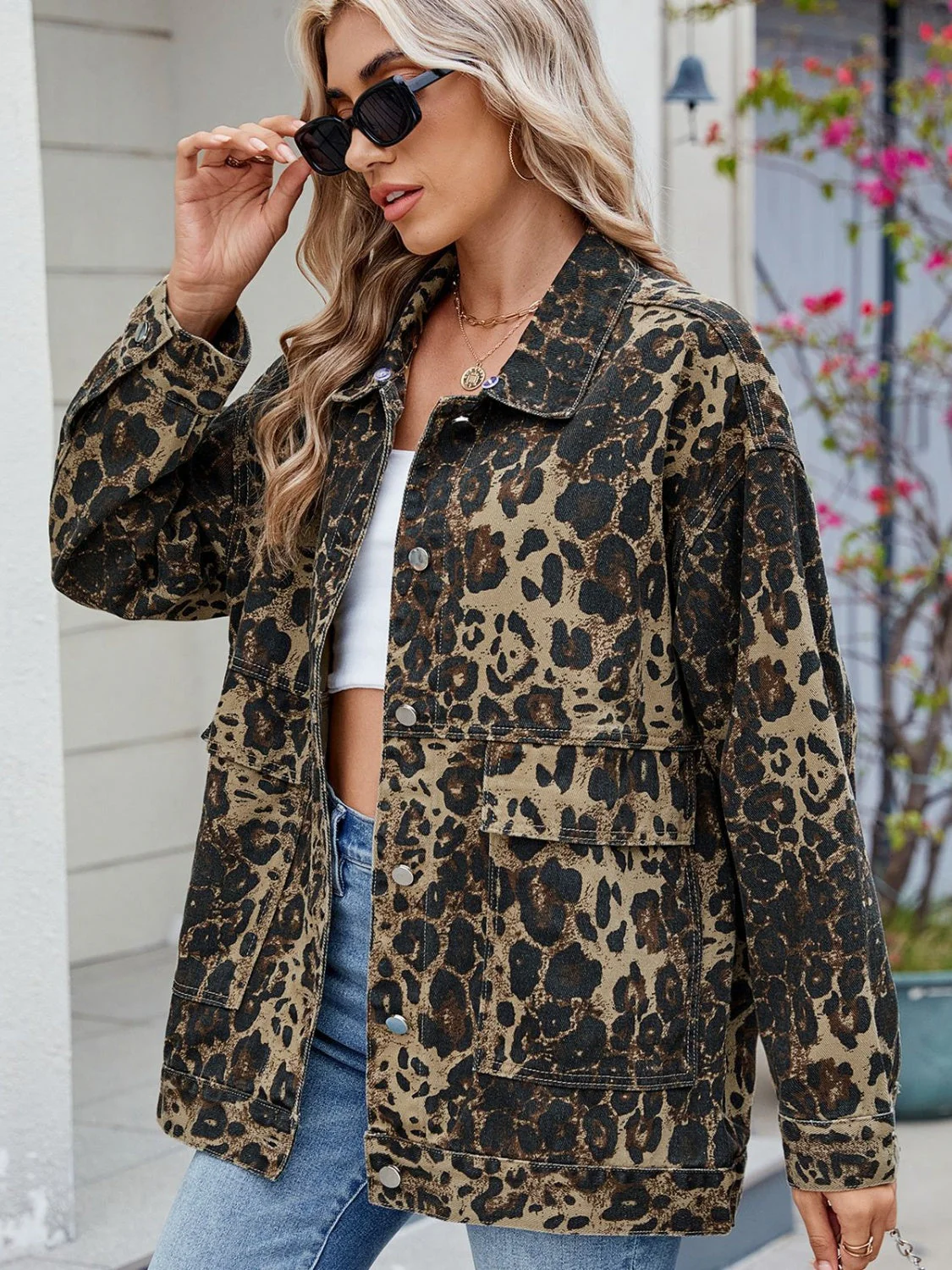 Leopard Button Up Drop Shoulder Denim Jacket - Image 2