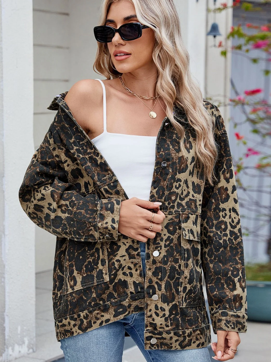 Leopard Button Up Drop Shoulder Denim Jacket - Image 3