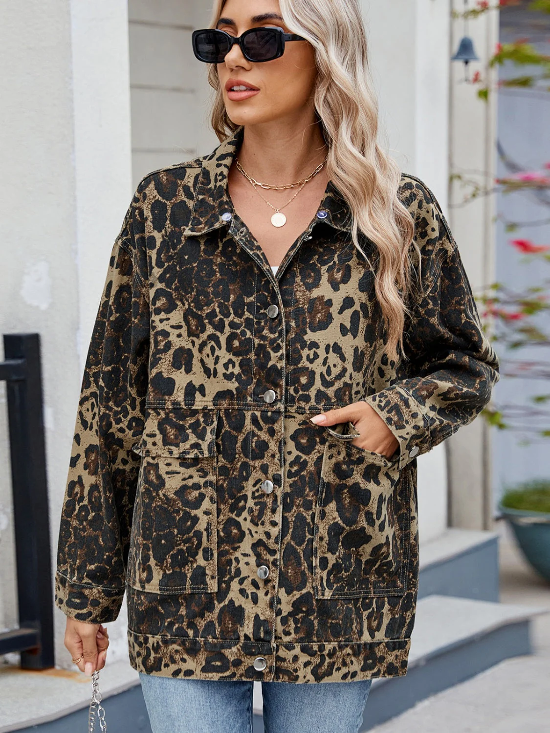 Leopard Button Up Drop Shoulder Denim Jacket - Image 4