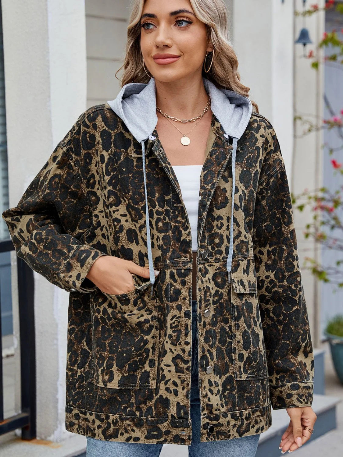 Leopard Button Up Drop Shoulder Denim Jacket - Image 6