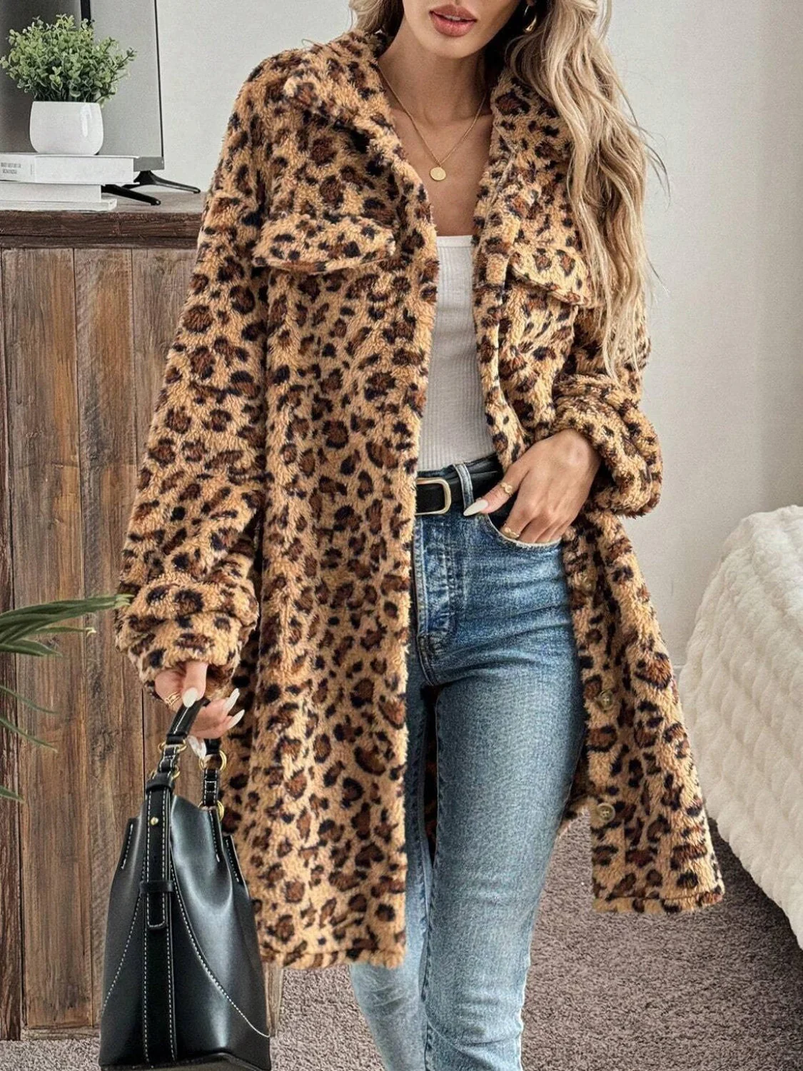 Leopard Button Up Long Sleeve Fuzzy Coat - Image 2