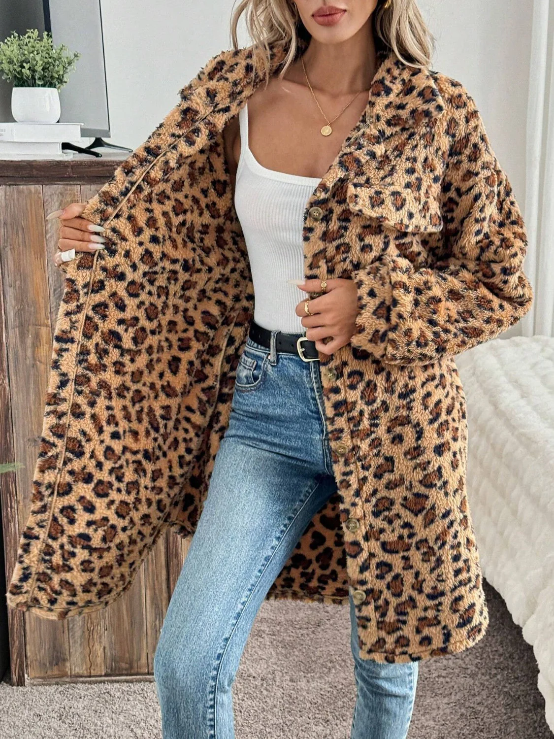 Leopard Button Up Long Sleeve Fuzzy Coat - Image 3
