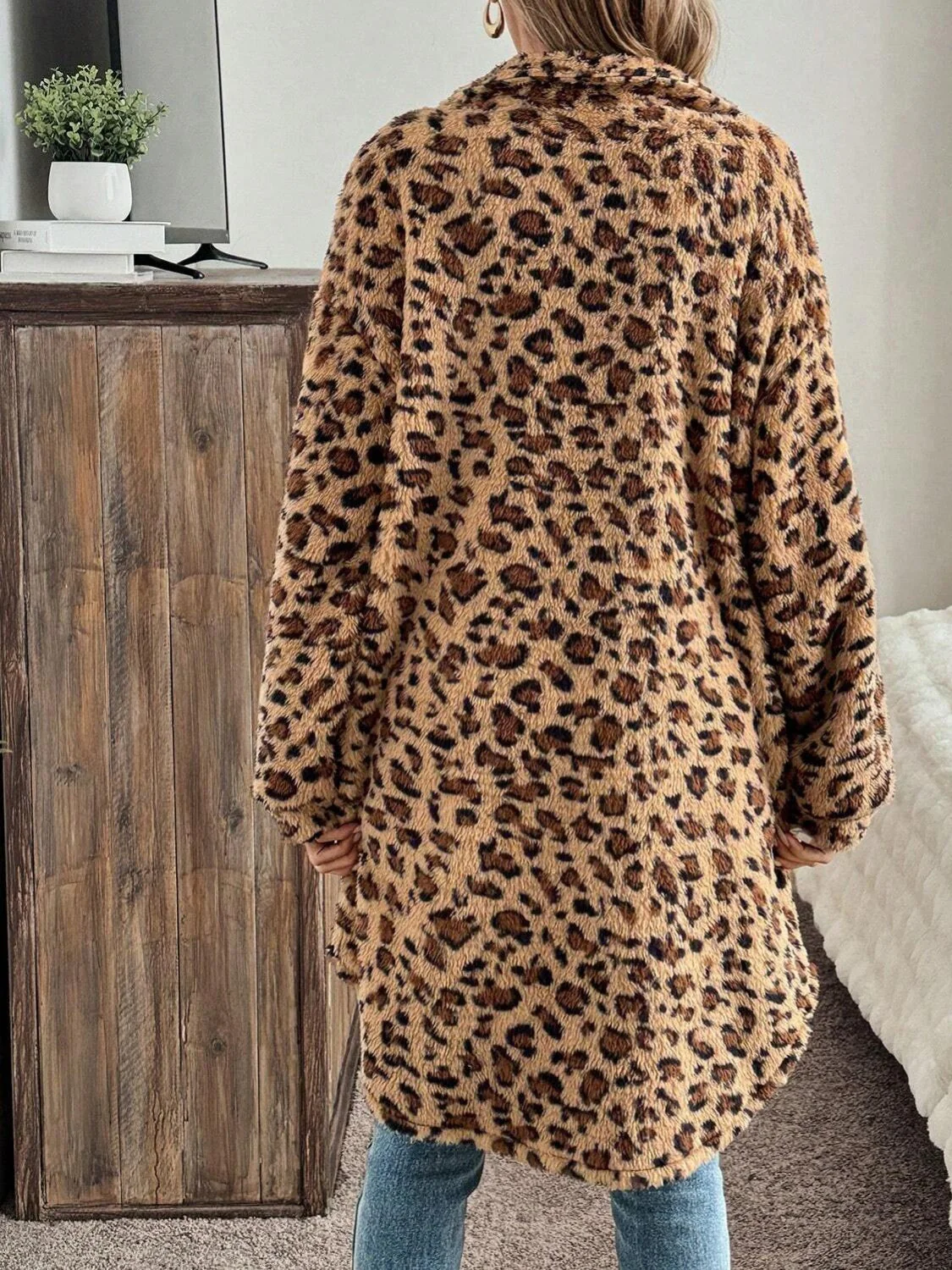 Leopard Button Up Long Sleeve Fuzzy Coat - Image 4