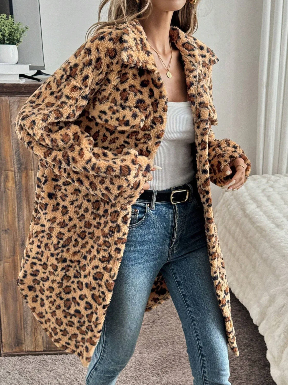 Leopard Button Up Long Sleeve Fuzzy Coat - Image 5