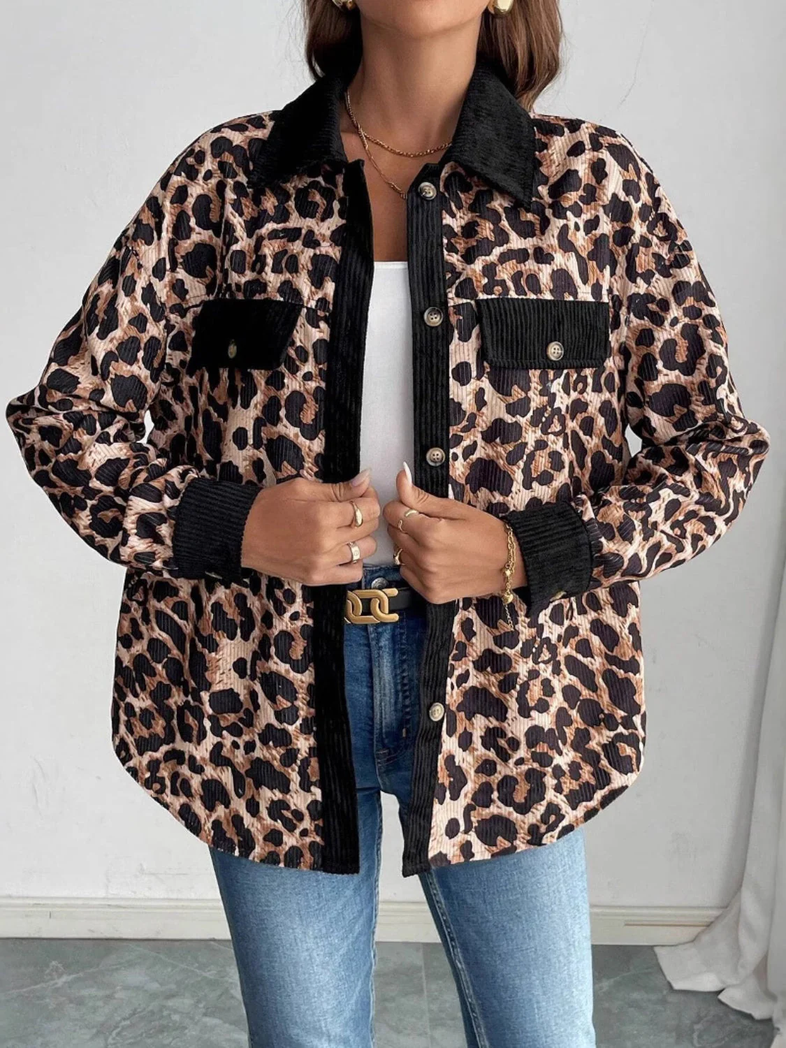Leopard Collared Neck Button Up Shacket - Image 3
