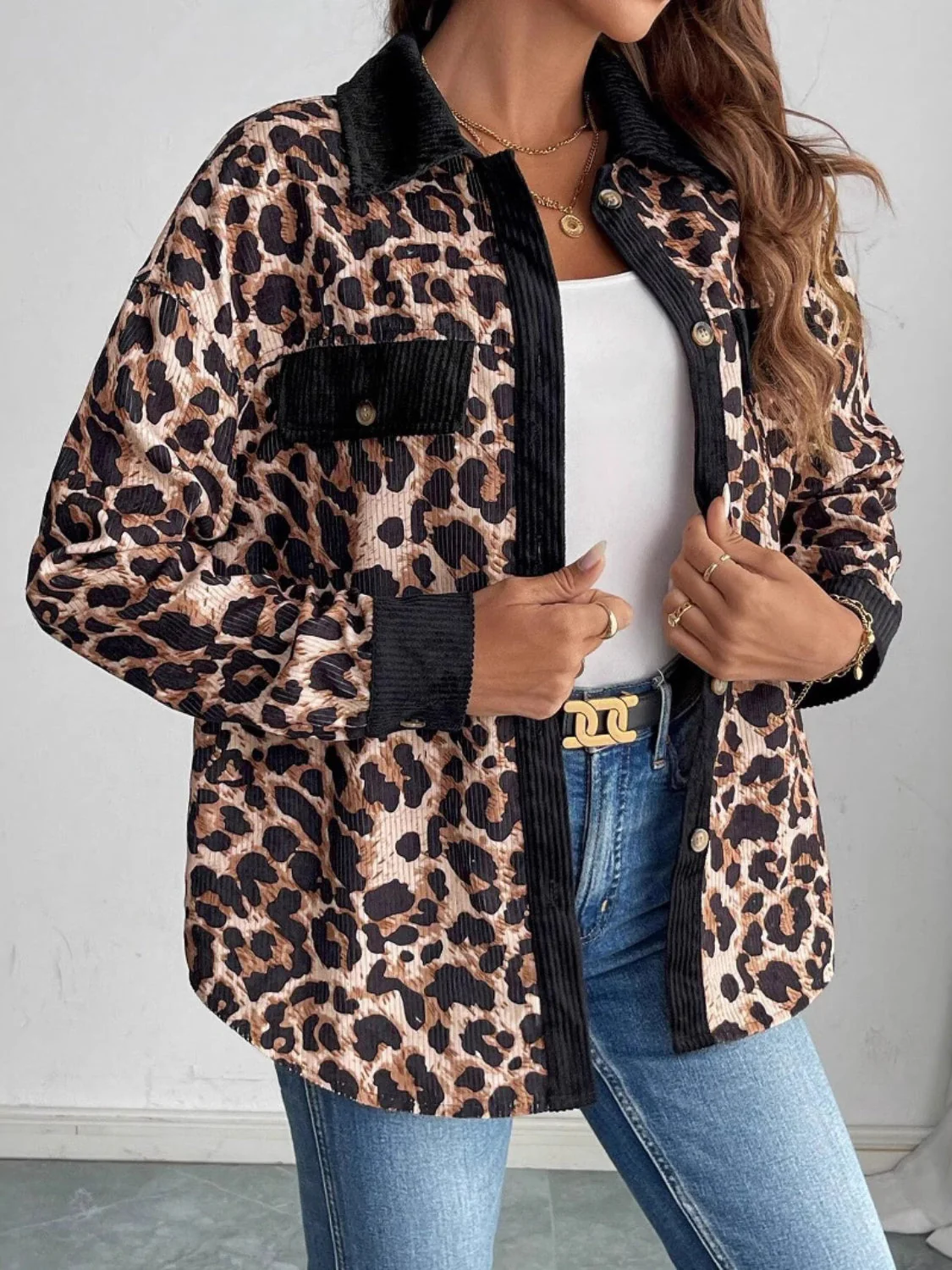 Leopard Collared Neck Button Up Shacket - Image 4