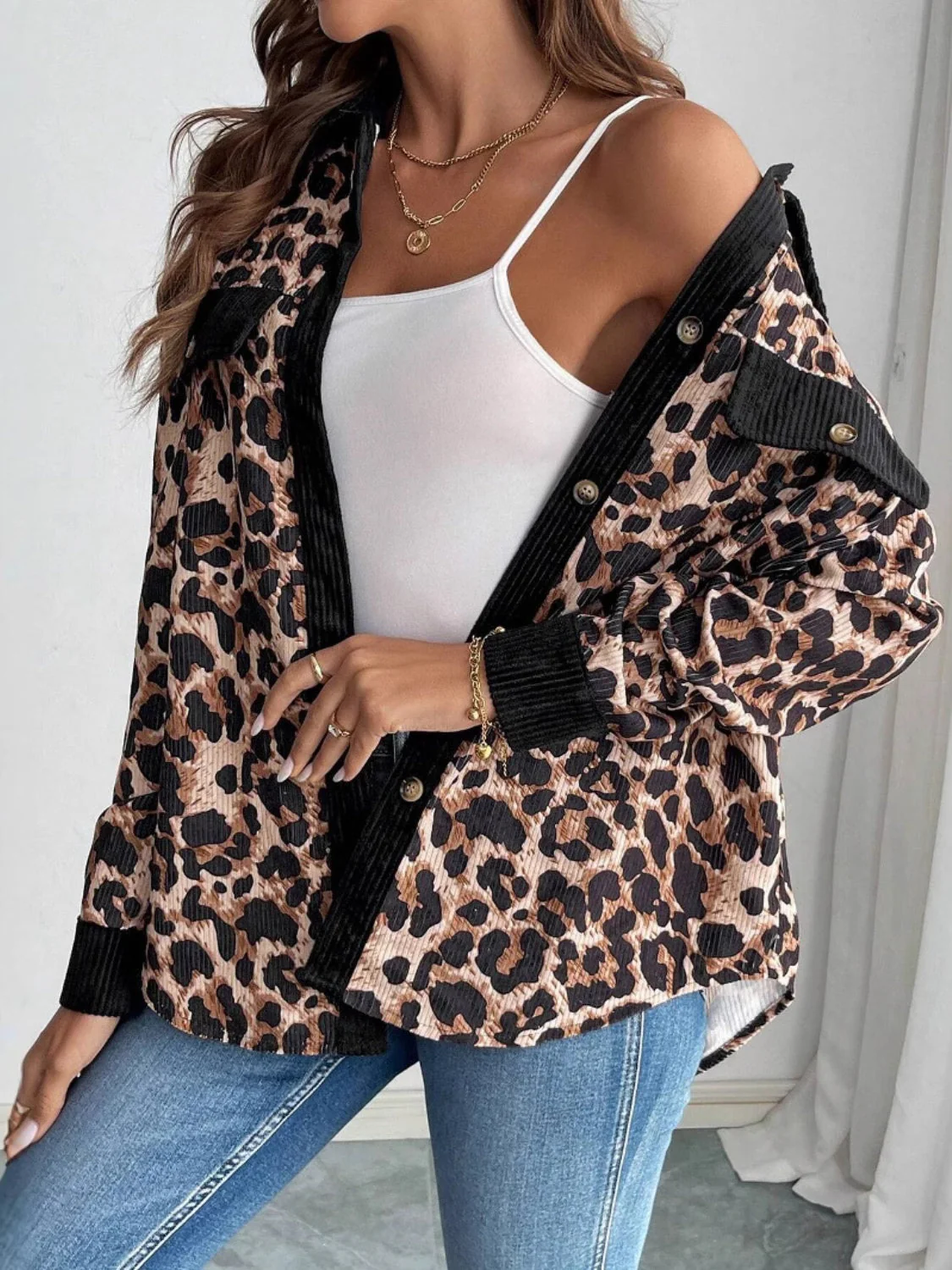 Leopard Collared Neck Button Up Shacket - Image 5