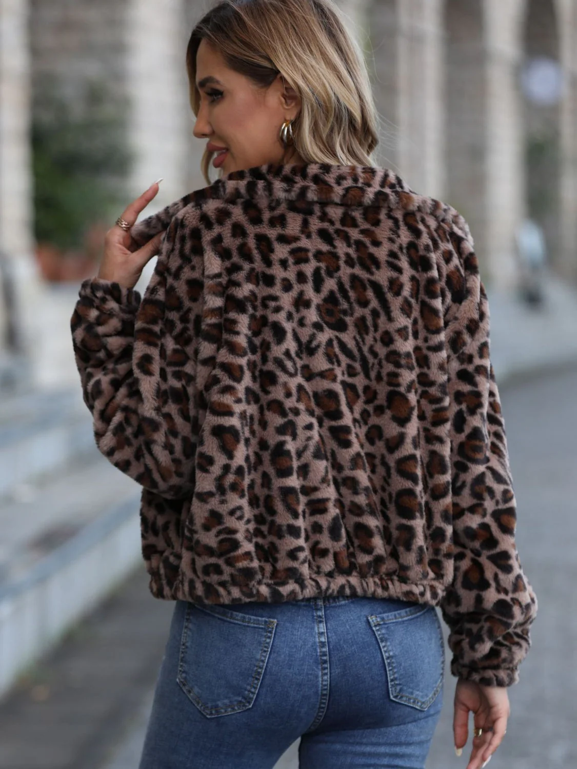 Leopard Collared Neck Zip Up Jacket - Image 2