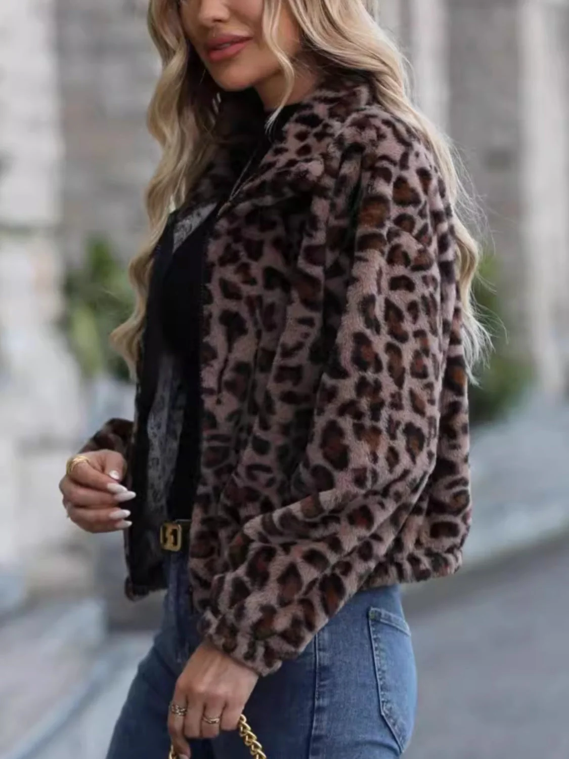 Leopard Collared Neck Zip Up Jacket - Image 3