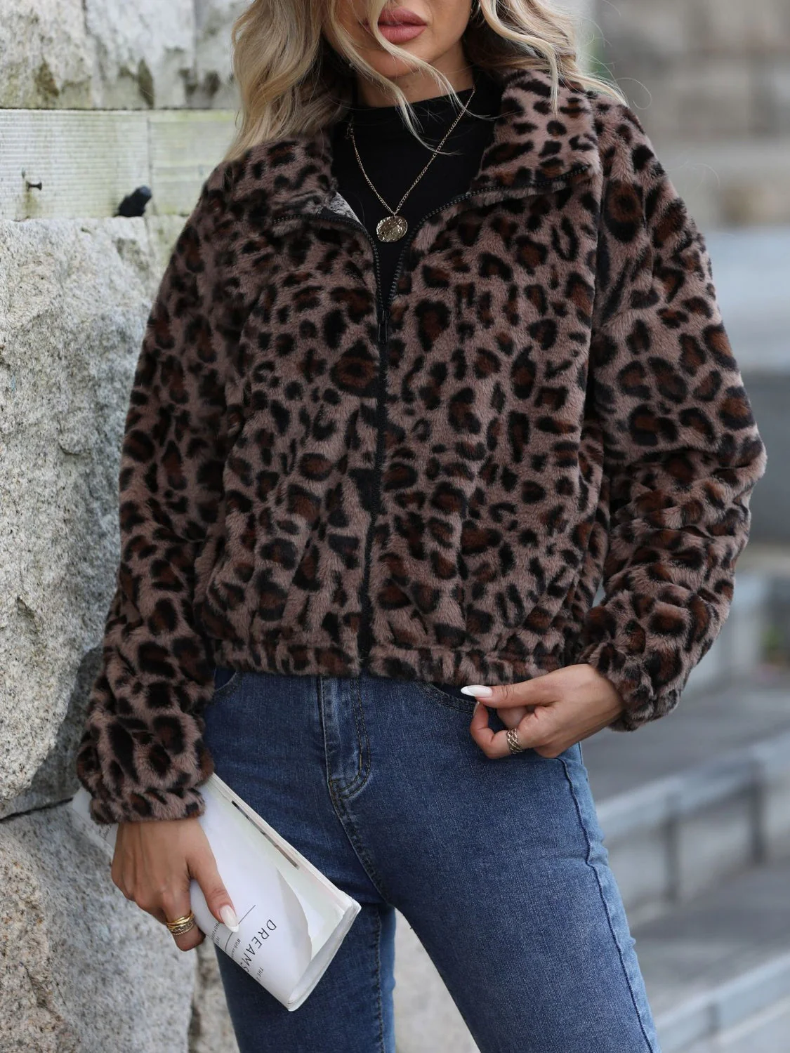 Leopard Collared Neck Zip Up Jacket - Image 4