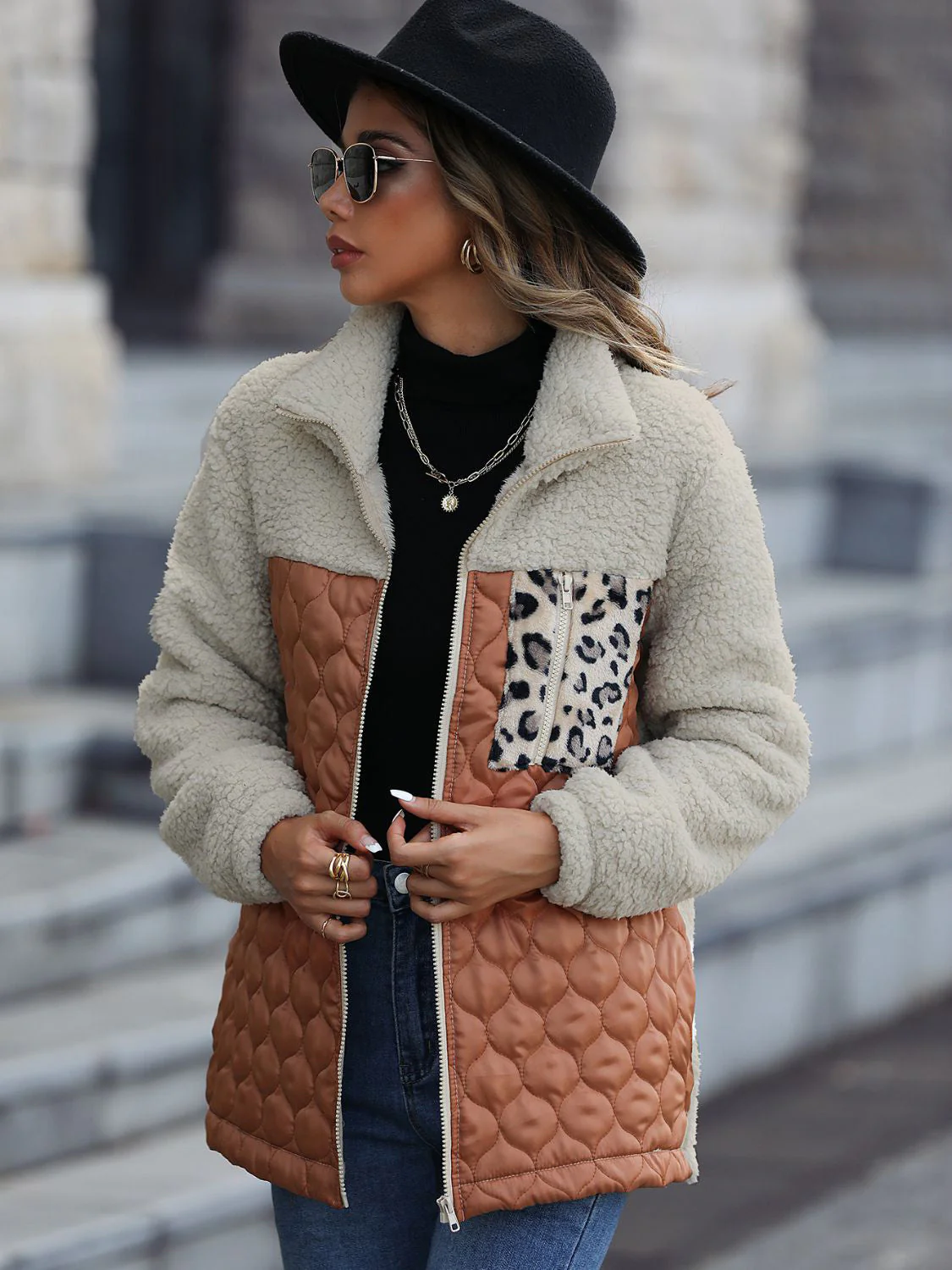 Leopard Color Block Zip-Up Jacket - Image 2