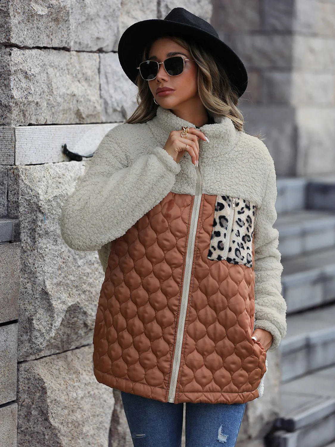 Leopard Color Block Zip-Up Jacket - Image 3