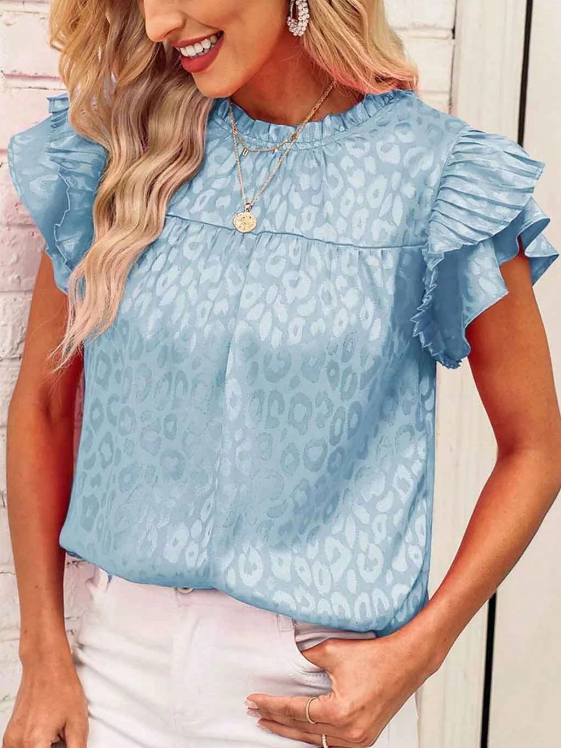 Leopard Frill Mock Neck Ruffled Cap Sleeve Top - Image 10
