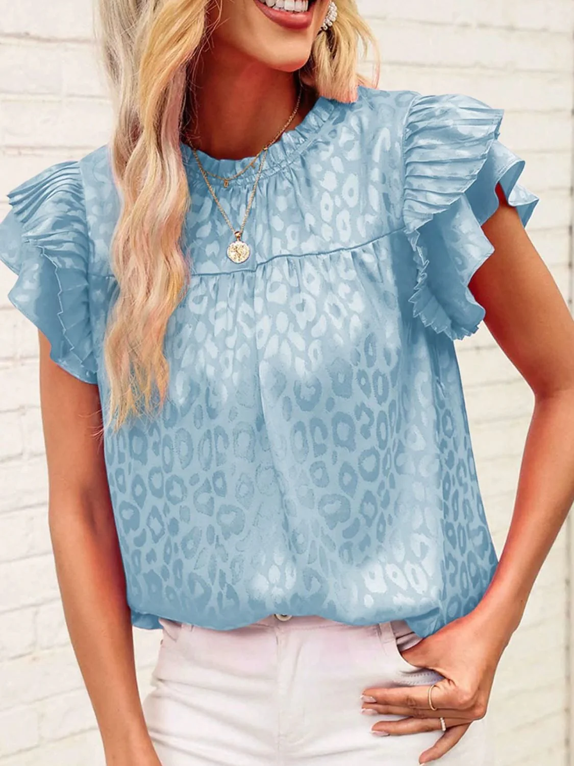 Leopard Frill Mock Neck Ruffled Cap Sleeve Top - Image 11