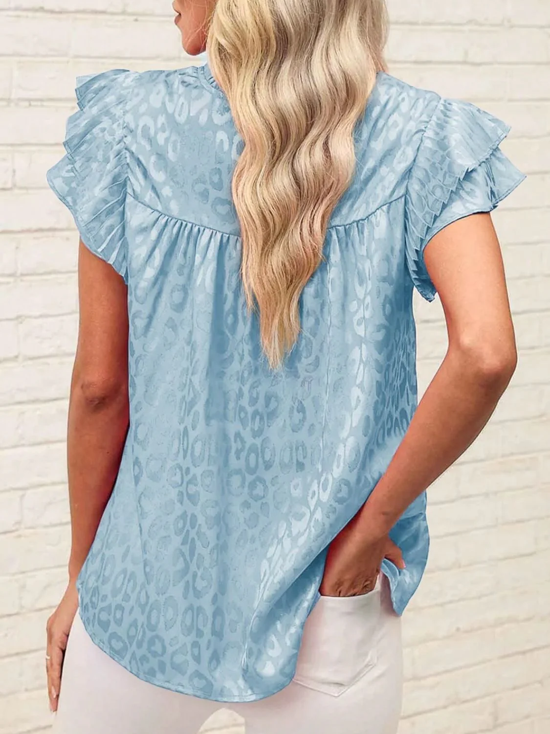 Leopard Frill Mock Neck Ruffled Cap Sleeve Top - Image 12