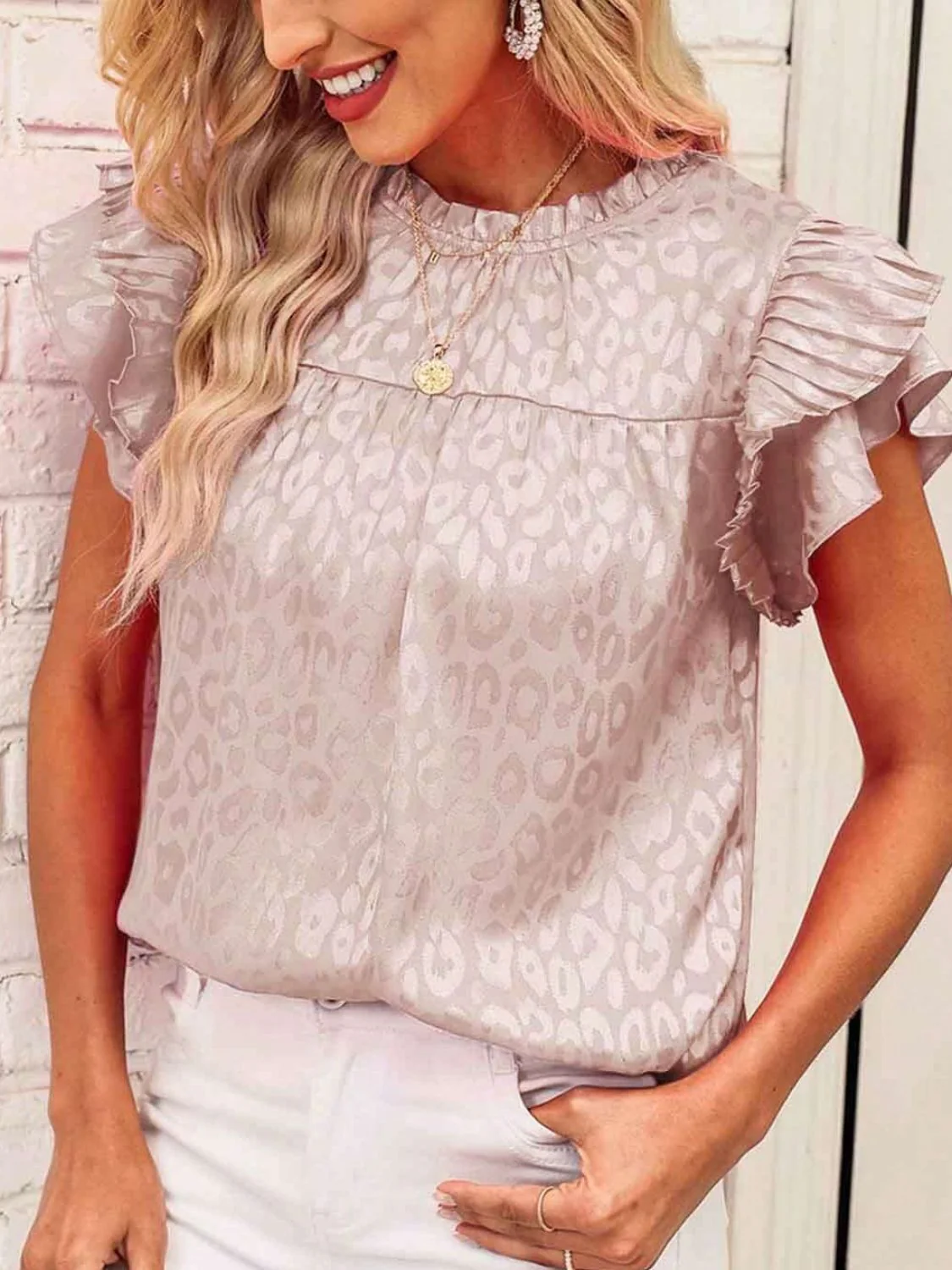 Leopard Frill Mock Neck Ruffled Cap Sleeve Top - Image 14