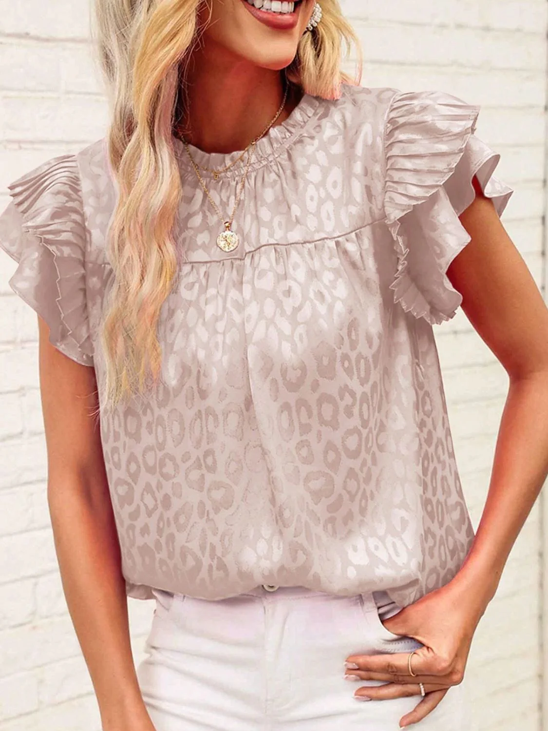 Leopard Frill Mock Neck Ruffled Cap Sleeve Top - Image 15