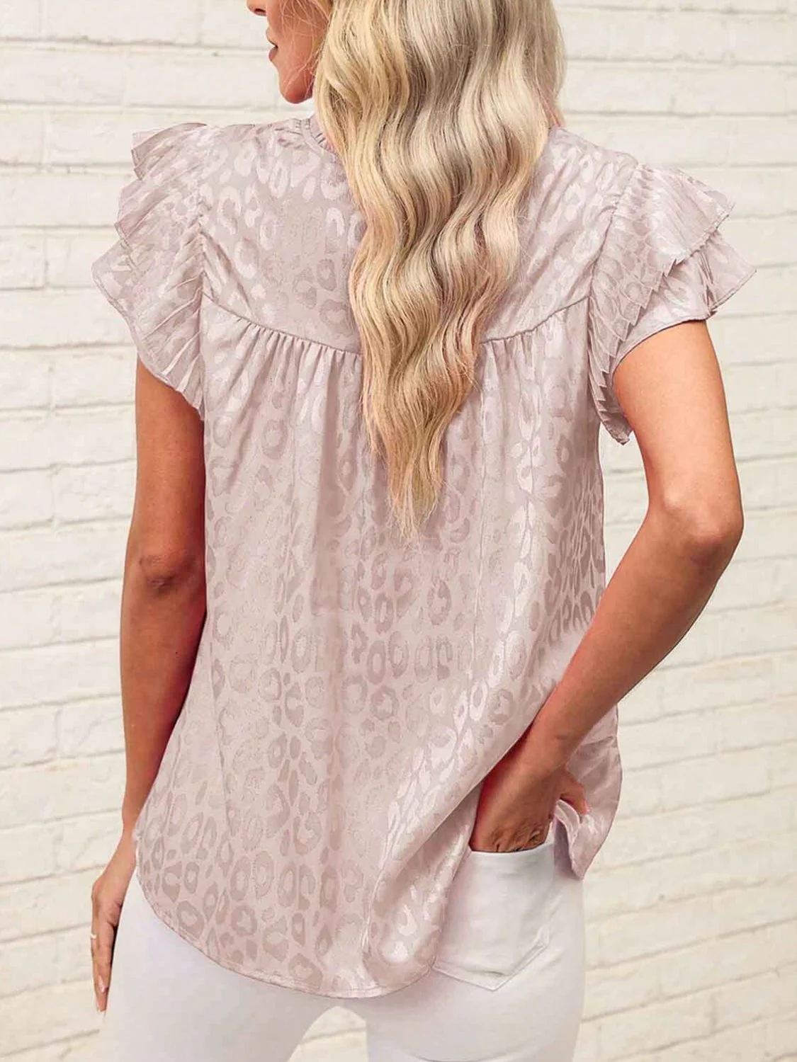 Leopard Frill Mock Neck Ruffled Cap Sleeve Top - Image 16