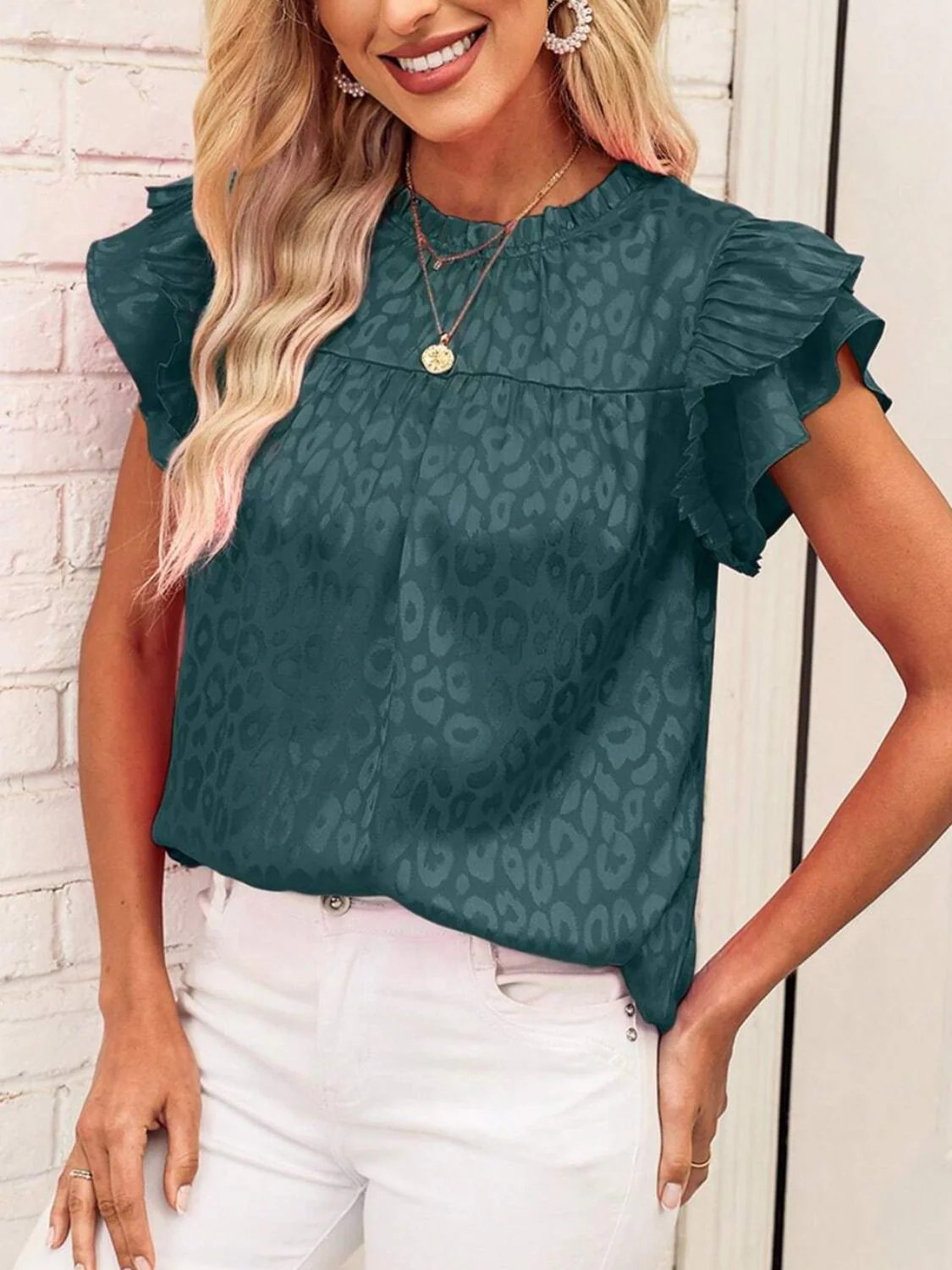 Leopard Frill Mock Neck Ruffled Cap Sleeve Top - Image 17