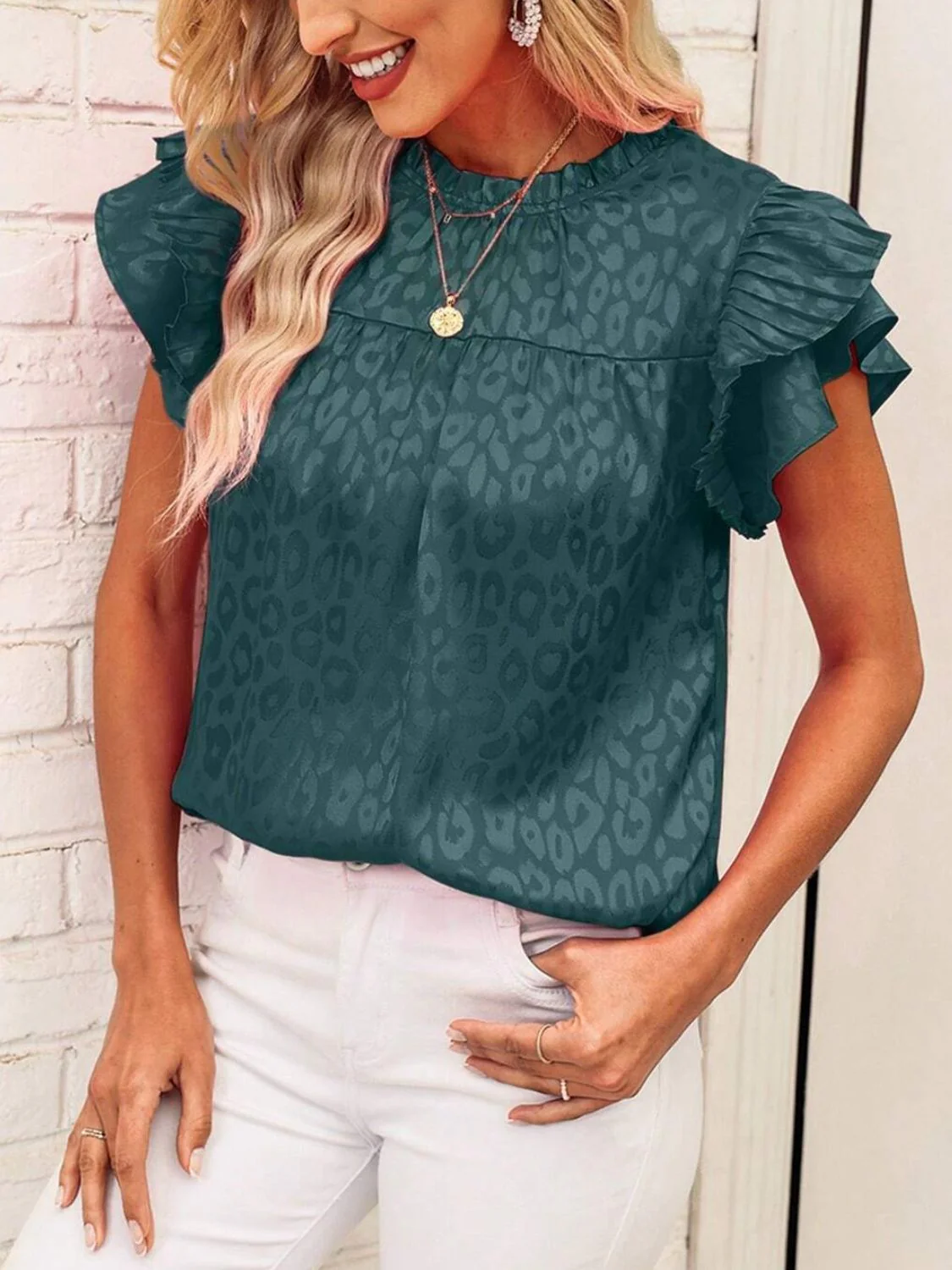 Leopard Frill Mock Neck Ruffled Cap Sleeve Top - Image 18
