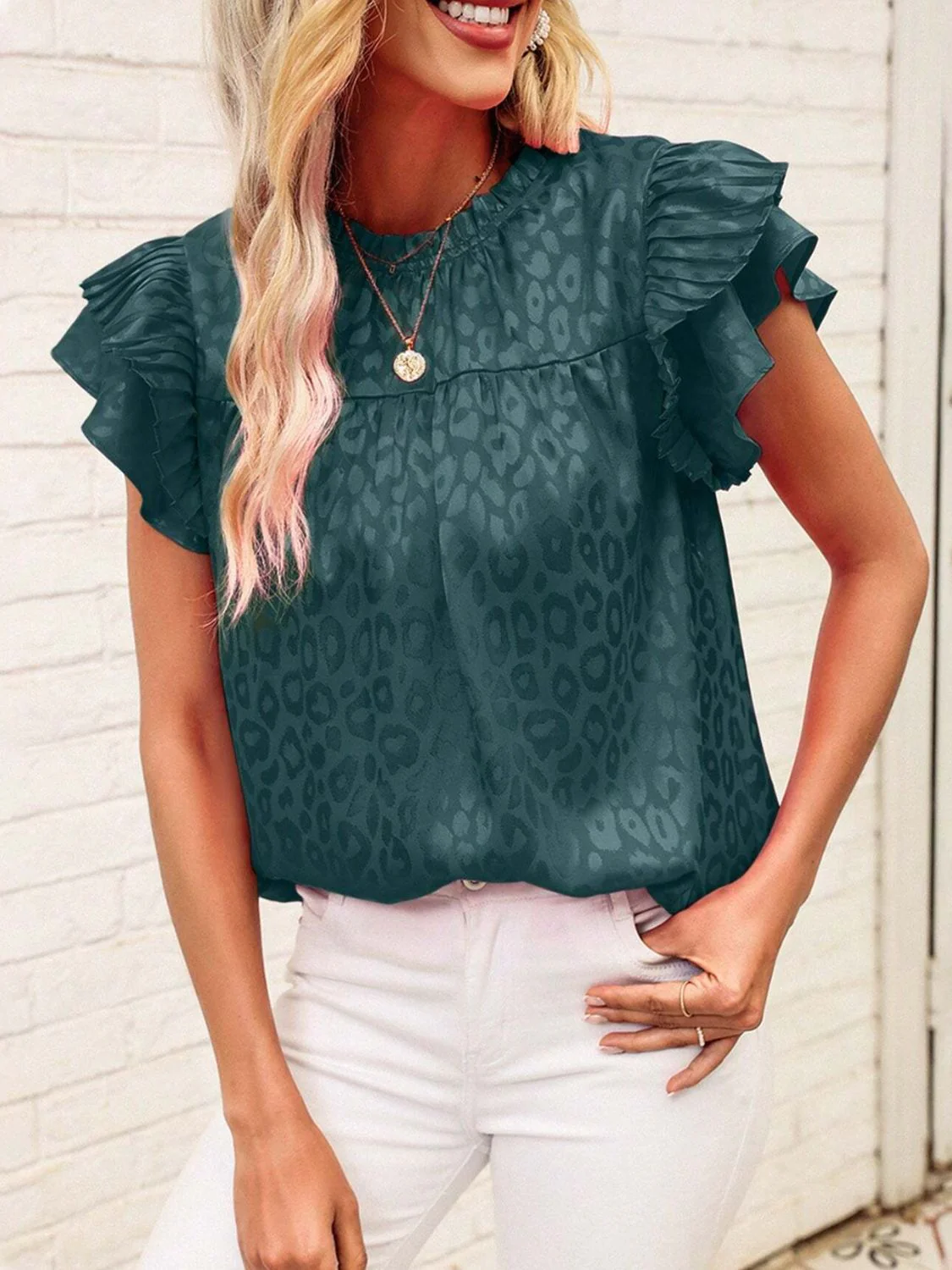 Leopard Frill Mock Neck Ruffled Cap Sleeve Top - Image 19