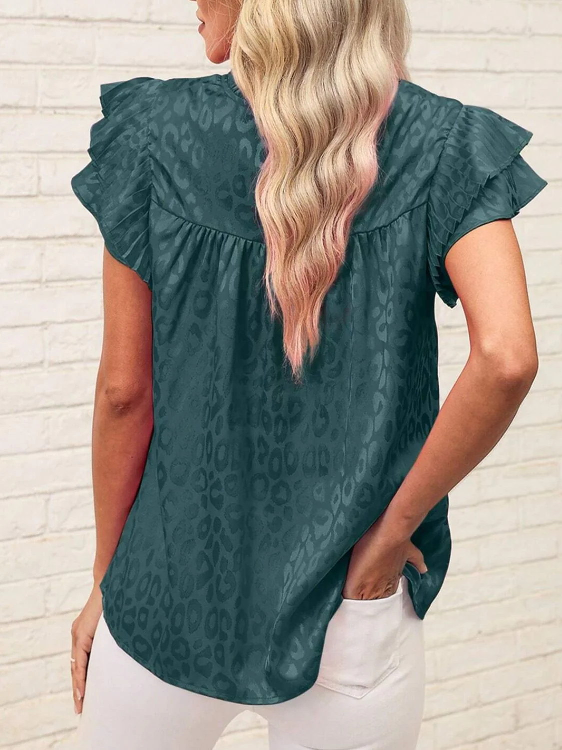 Leopard Frill Mock Neck Ruffled Cap Sleeve Top - Image 20