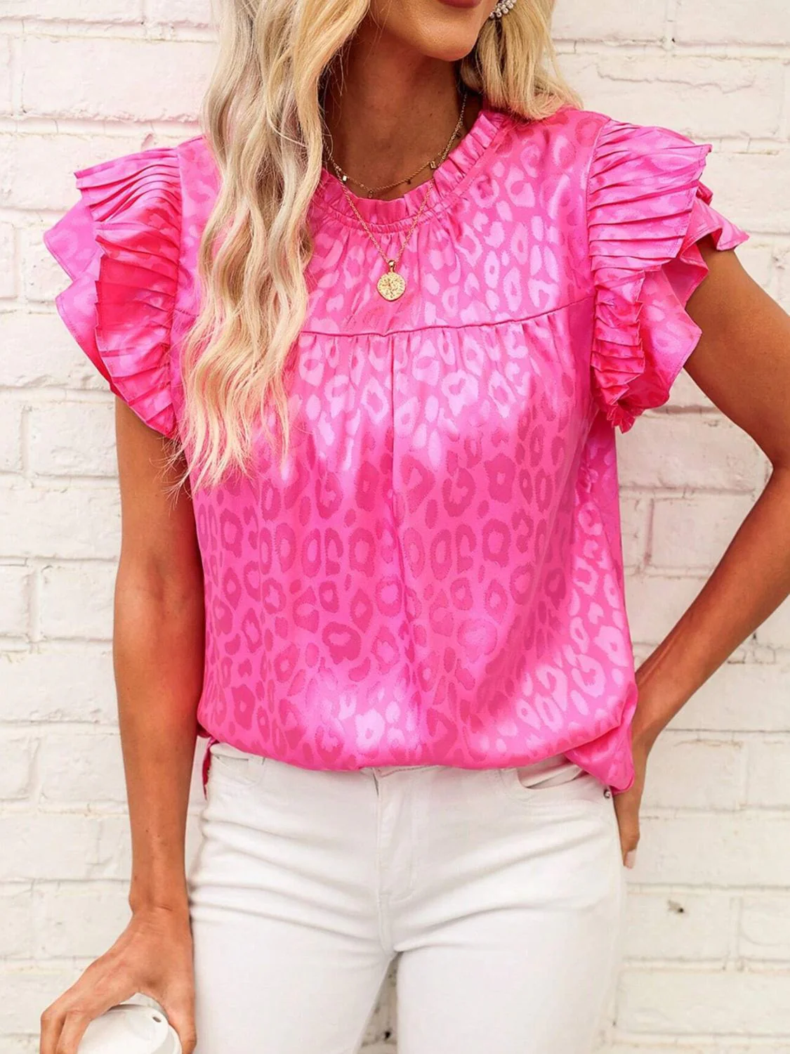 Leopard Frill Mock Neck Ruffled Cap Sleeve Top - Image 3