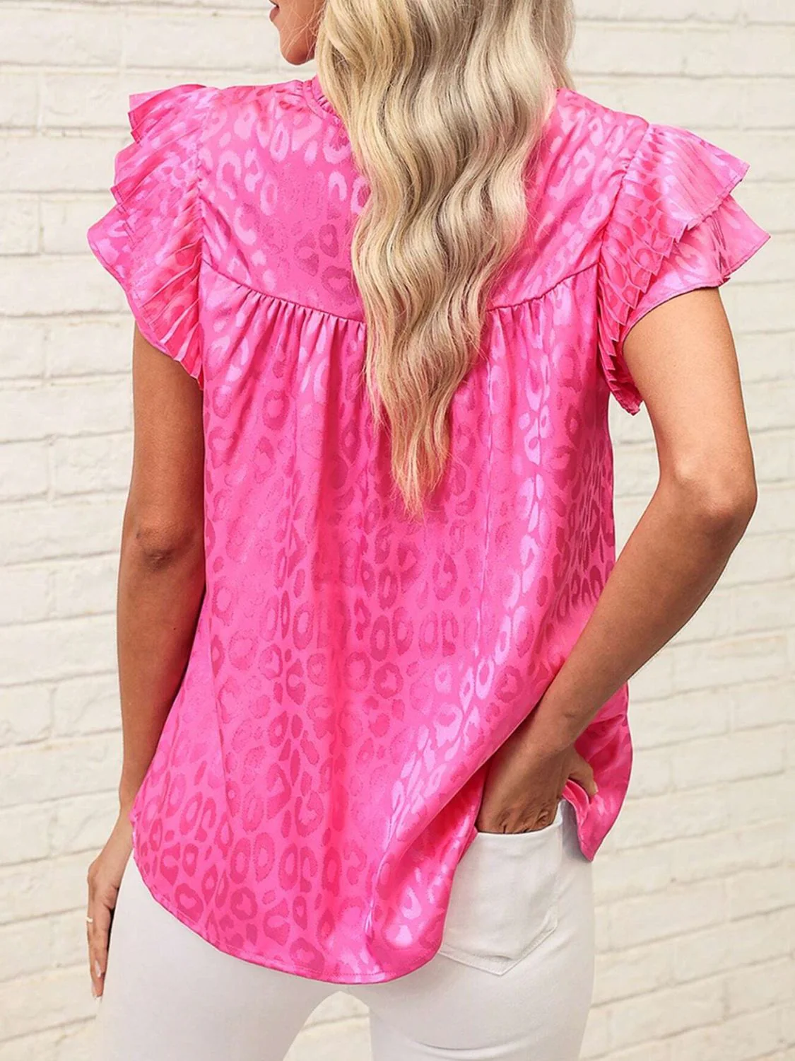 Leopard Frill Mock Neck Ruffled Cap Sleeve Top - Image 4
