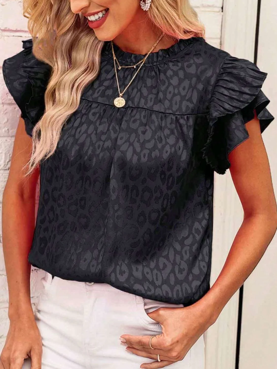 Leopard Frill Mock Neck Ruffled Cap Sleeve Top - Image 6