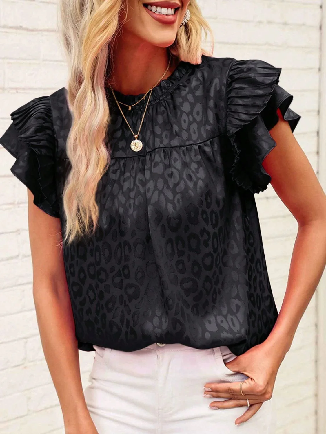 Leopard Frill Mock Neck Ruffled Cap Sleeve Top - Image 7