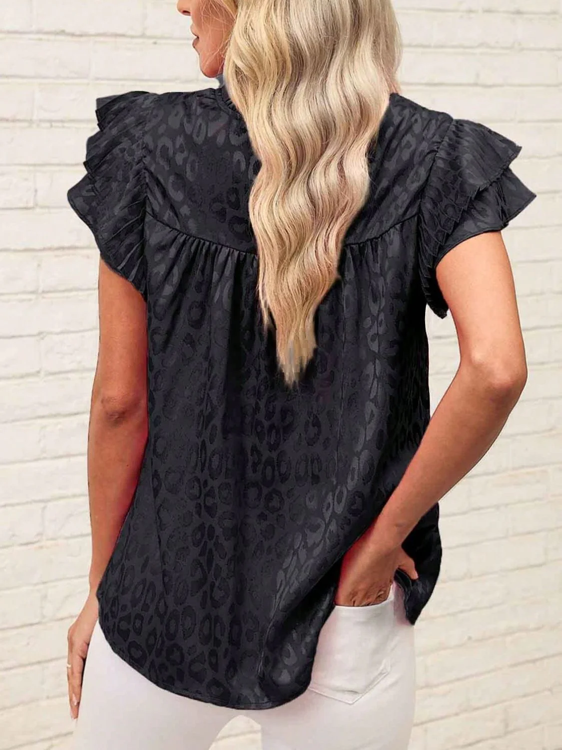 Leopard Frill Mock Neck Ruffled Cap Sleeve Top - Image 8