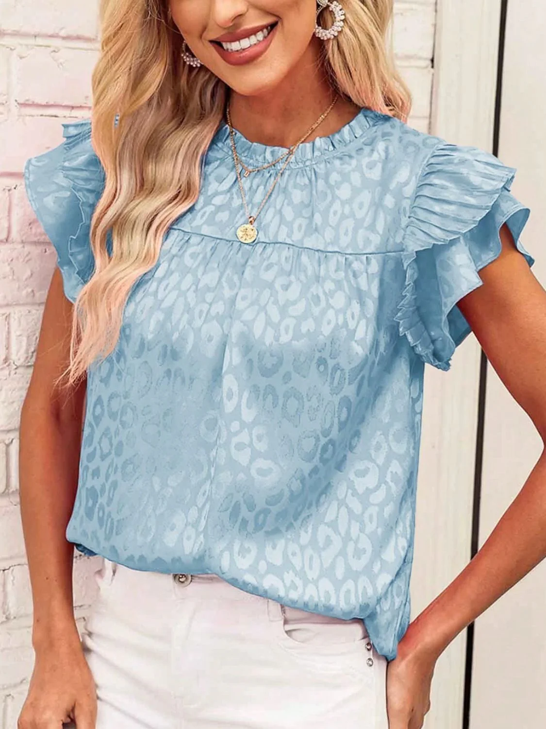 Leopard Frill Mock Neck Ruffled Cap Sleeve Top - Image 9