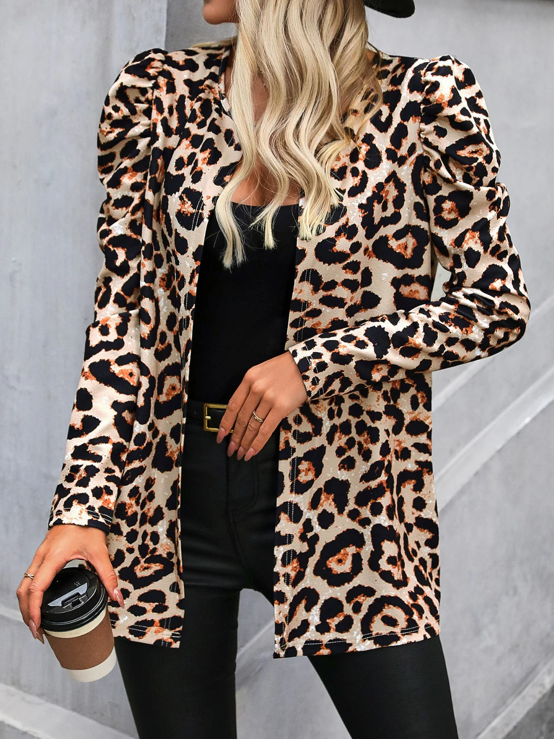 Leopard Open Front Puff Sleeve Jacket - Image 6