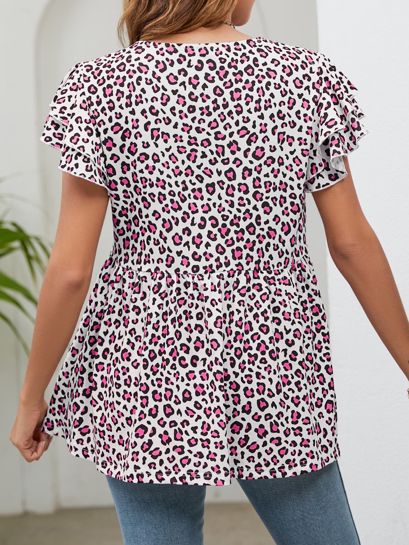 Leopard Round Neck Flutter Sleeve Babydoll Blouse - Image 2