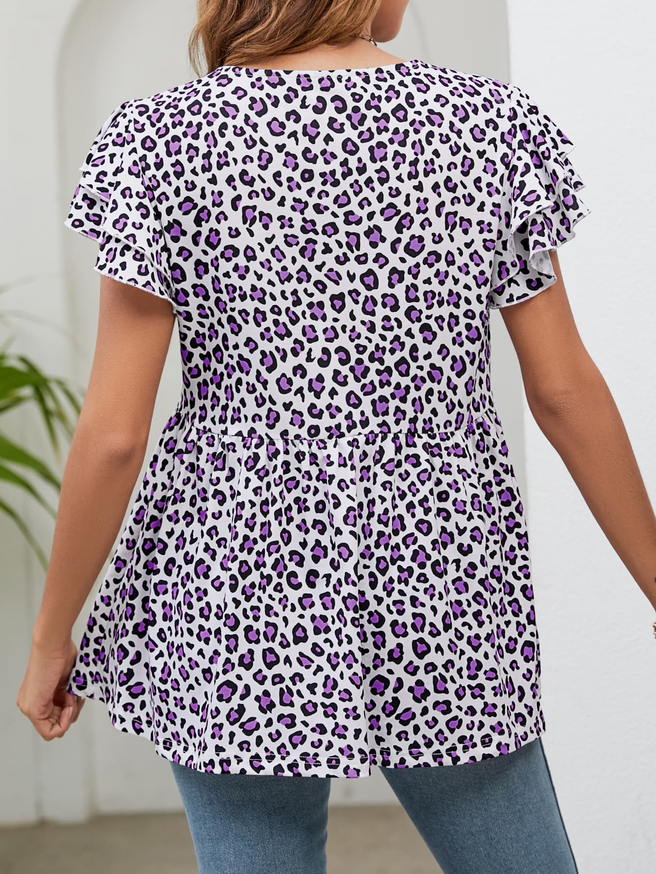 Leopard Round Neck Flutter Sleeve Babydoll Blouse - Image 6