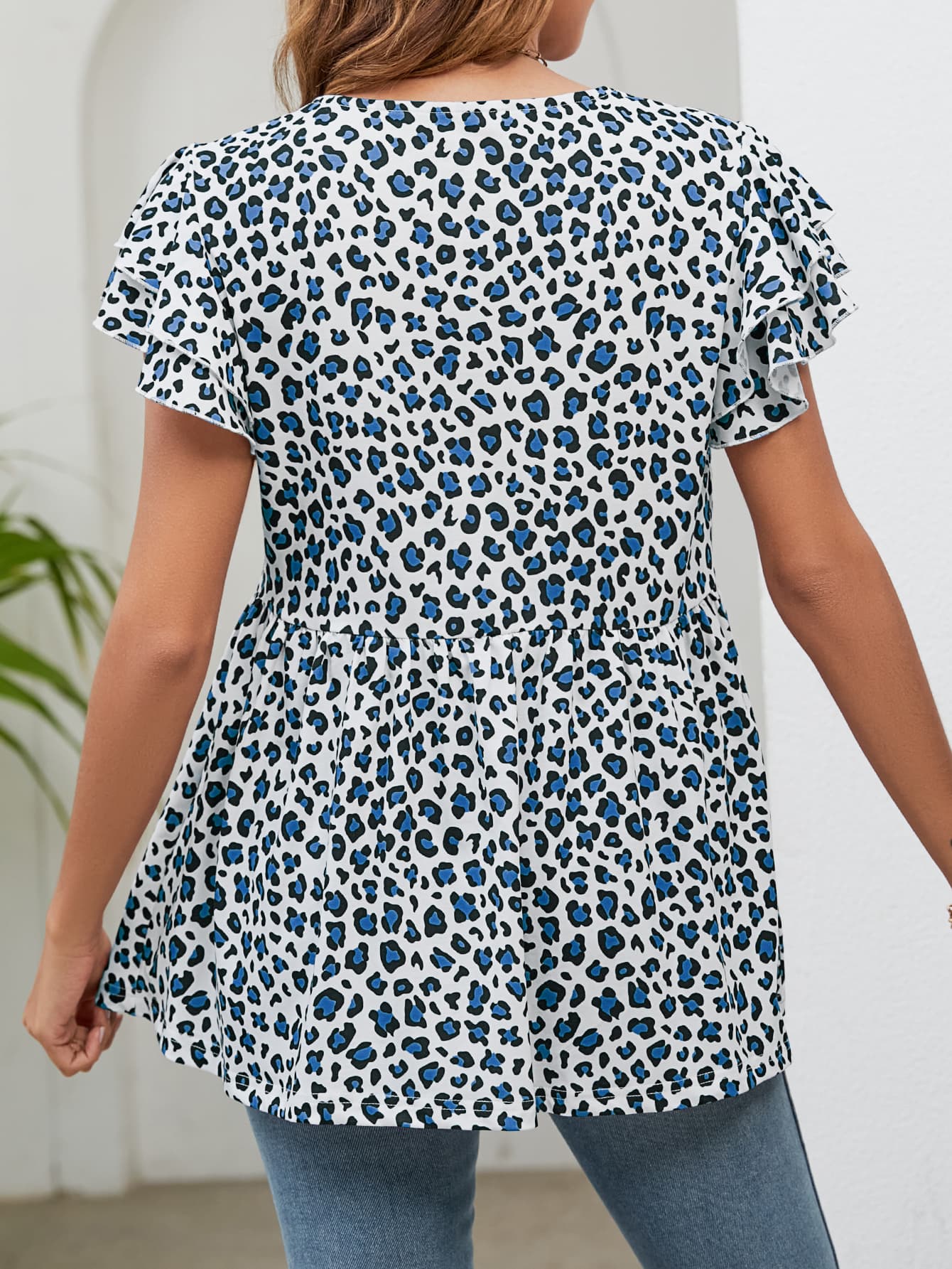 Leopard Round Neck Flutter Sleeve Babydoll Blouse - Image 9