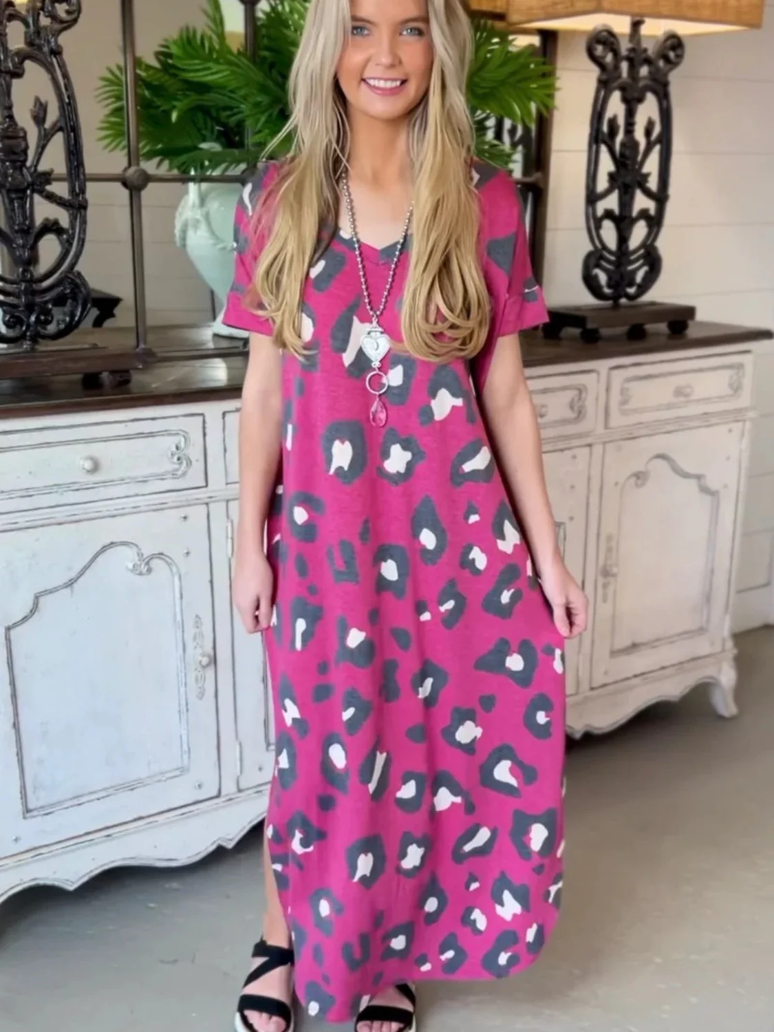 Leopard Slit V-Neck Short Sleeve Maxi Dress - Image 3