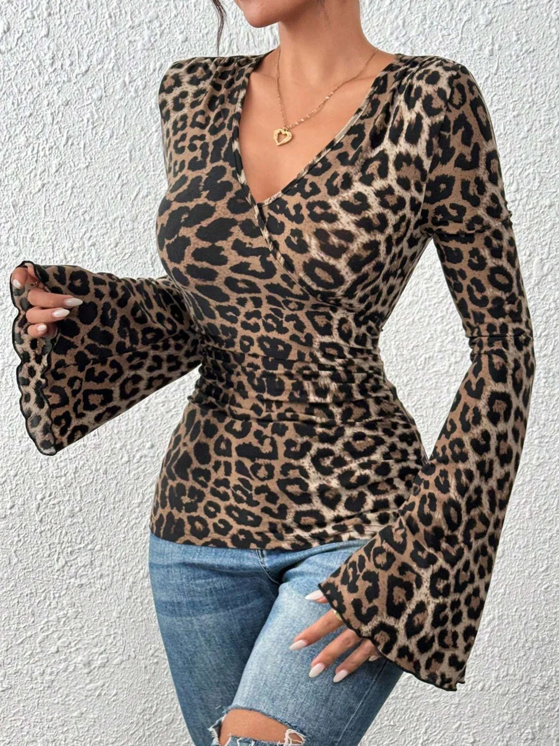Leopard Surplice Flare Sleeve Top - Image 6