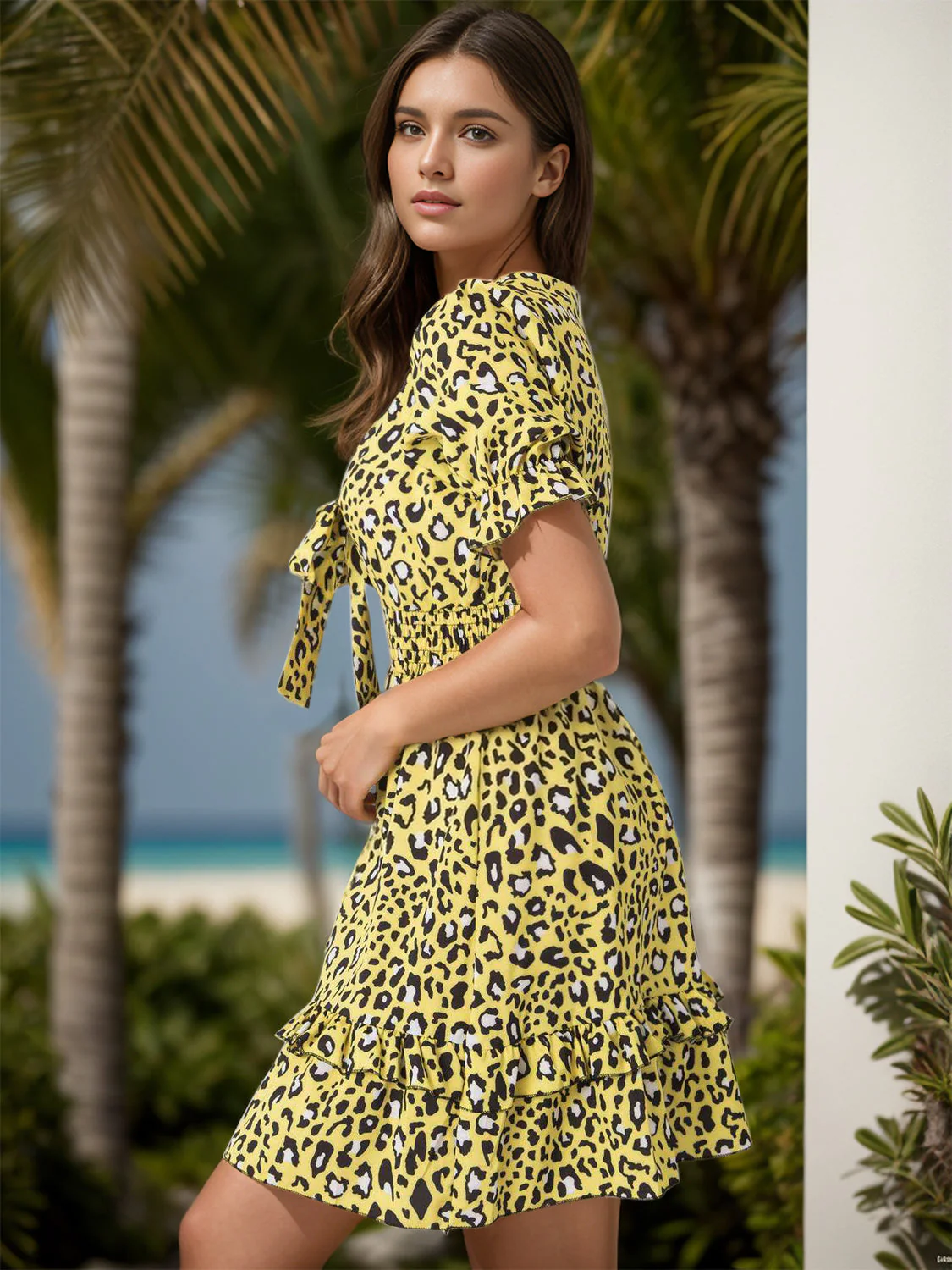 Leopard V-Neck Flounce Sleeve Mini Dress - Image 6