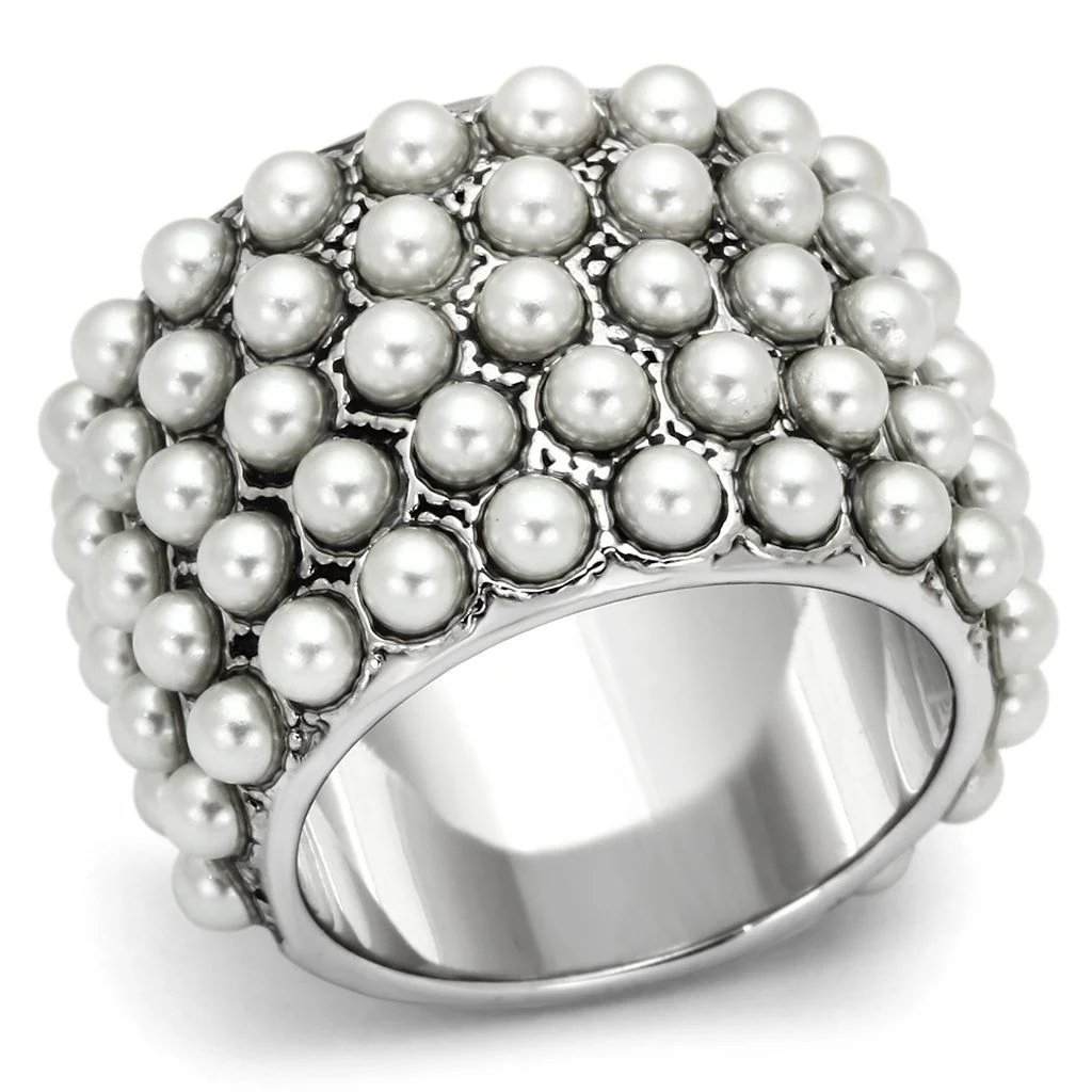 LOA832 - Rhodium Brass Ring with Synthetic Pearl in White - Image 2