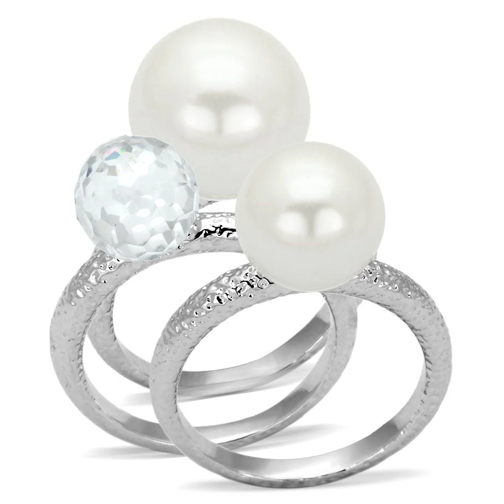 LOA834 - Rhodium Brass Ring with Synthetic Pearl in White - Image 3