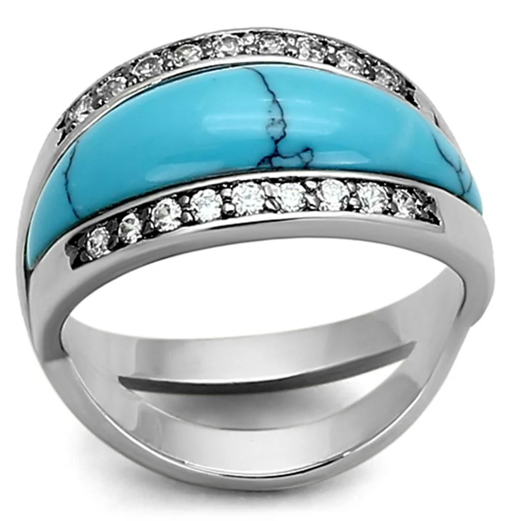 LOA882 - Rhodium Brass Ring with Synthetic Turquoise in Sea Blue - Image 3