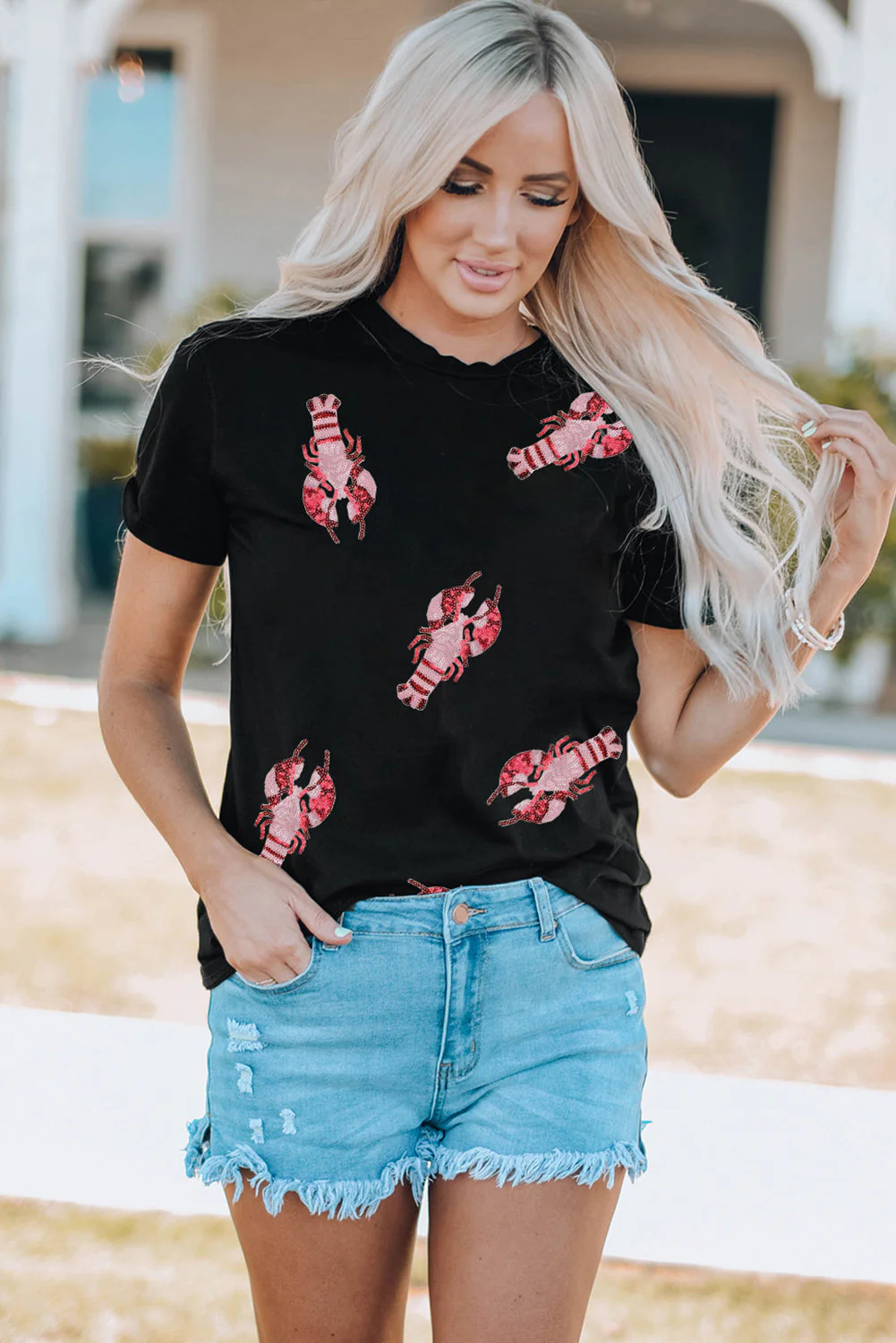 Lobster Print Round Neck Short Sleeve T-Shirt - Image 2