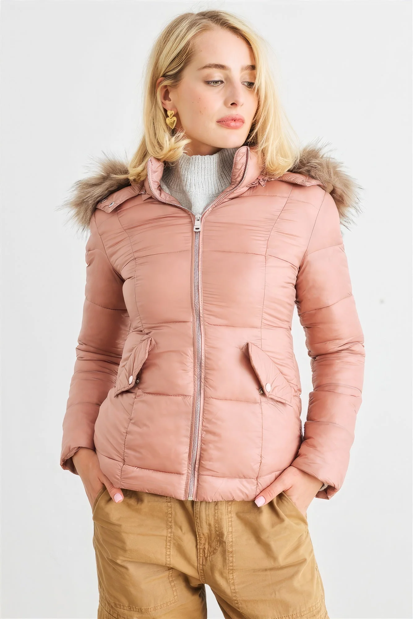 Long Sleeve Faux Fur Hood Padded Water Resistant Finish Jacket - Image 3